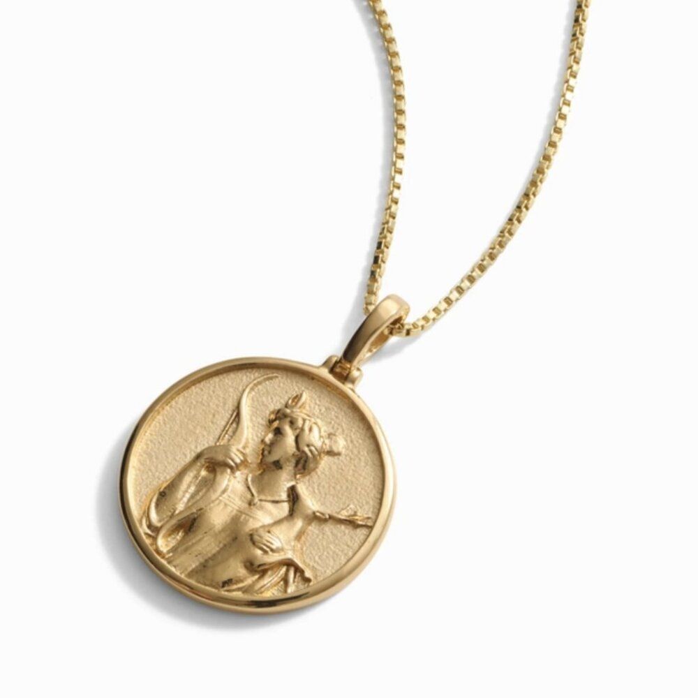 Gold Medallion Pendant Necklace with Sculpted Figure - Women Jewelry